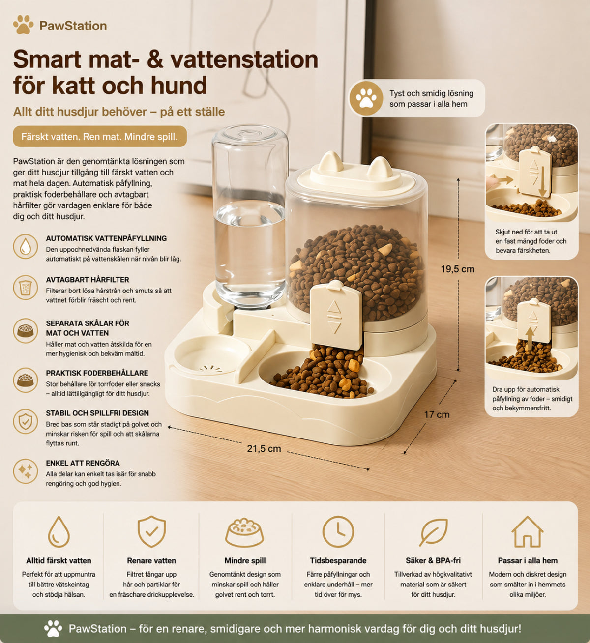 Àquapaw Hund PawStation 3-i-1 Smart Automatisk Mat& Vattenstation Självpåfyllande Vattendispenser