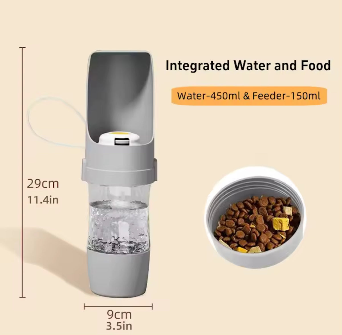 PawSip 2-i-1 Reseflaska med Integrerad Drickskål, 450 ml Vattenbehållare och 150 ml