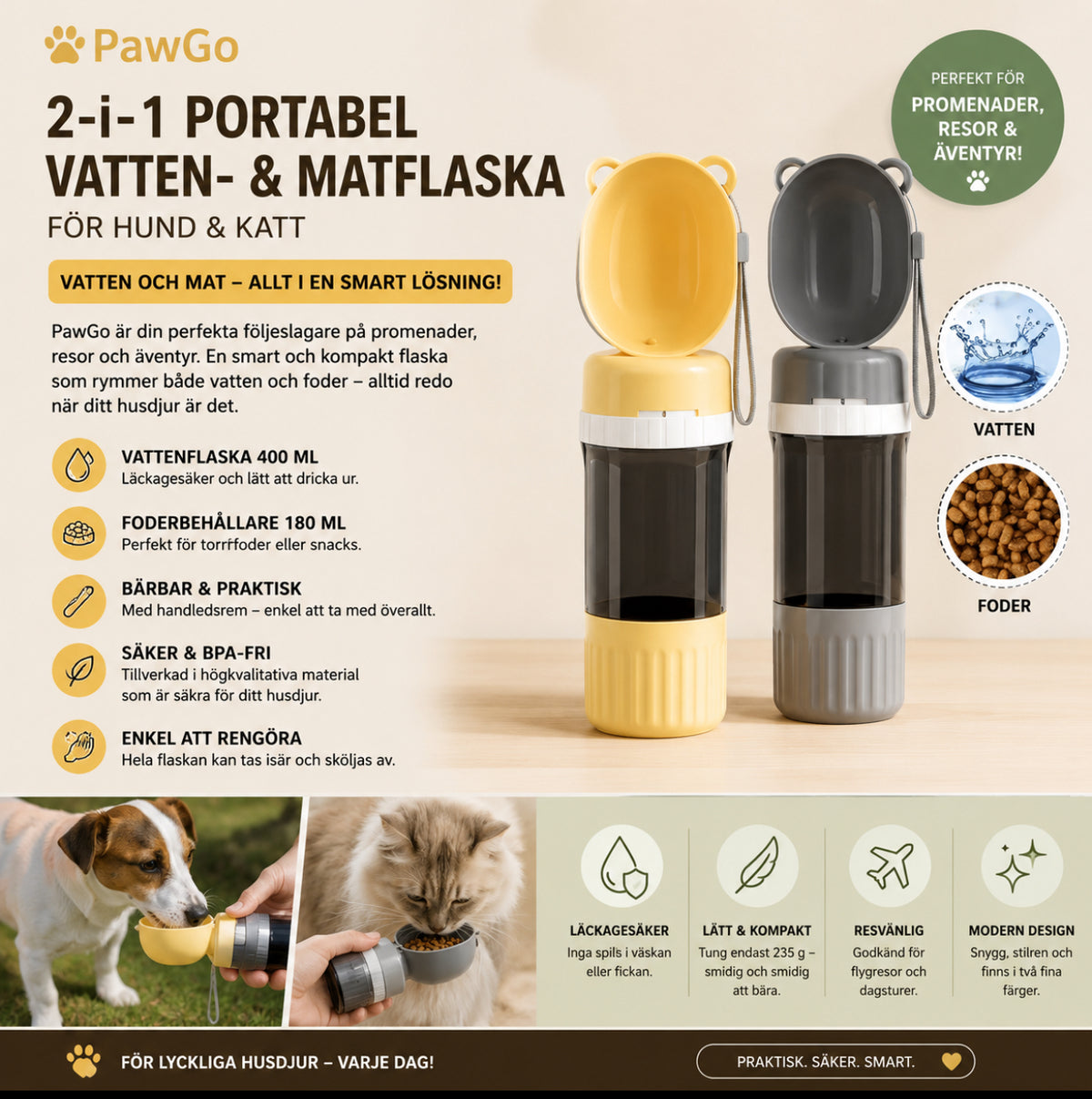 Hund & Katt PawGo 2-i-1 – Portabel Vatten- och Matflaska
