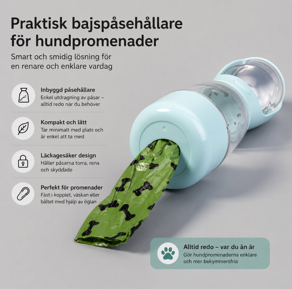 AquaGo 2-i-1 Vattenflaska med Drickskål & Bajspåsehållare Gör varje hundpromenad enklare